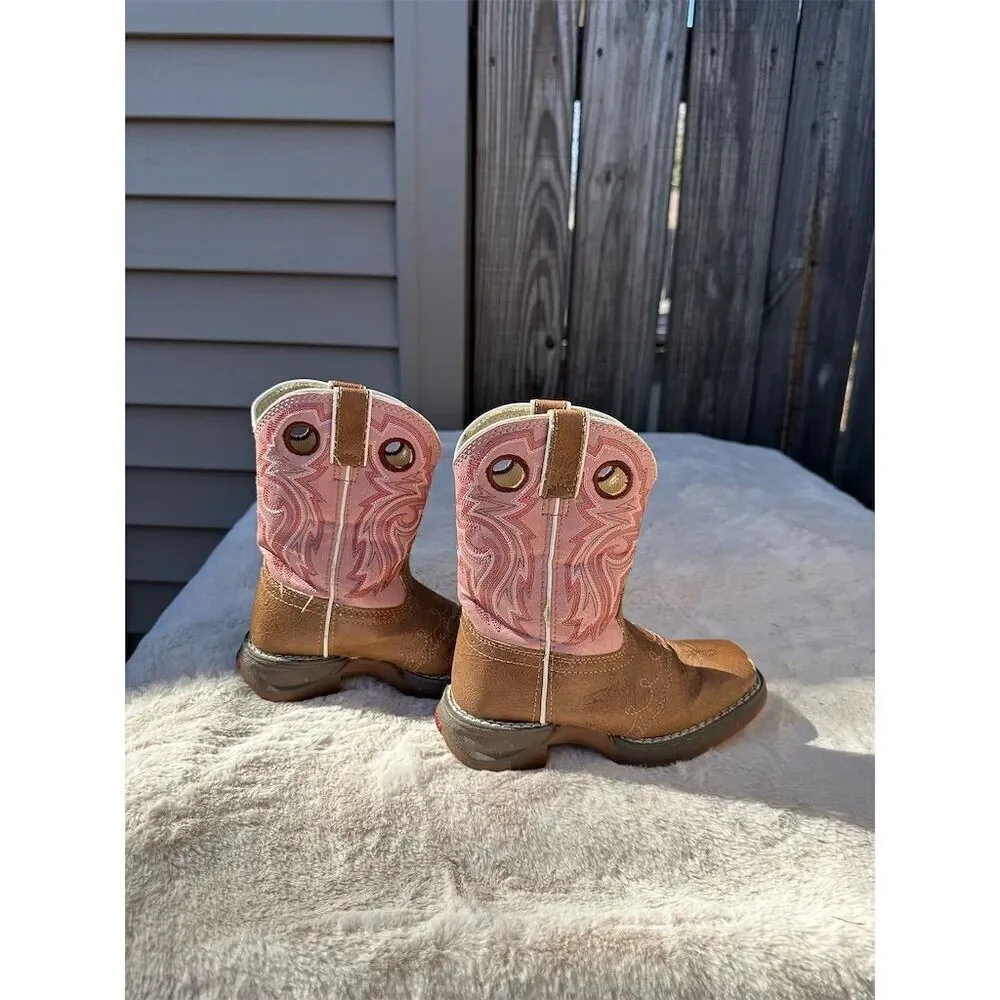 Durango Lil' Durango Girls Western Boots Tan Pink Square Toe Pull-On Size 10.5